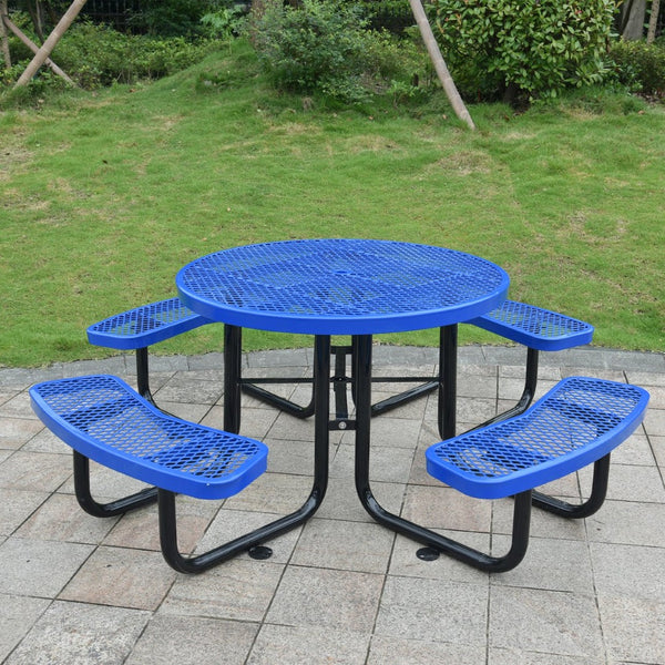 English Elm Round Outdoor Steel Picnic Table Set with Four Integrated Stools and Umbrella Port Blue W465S00015