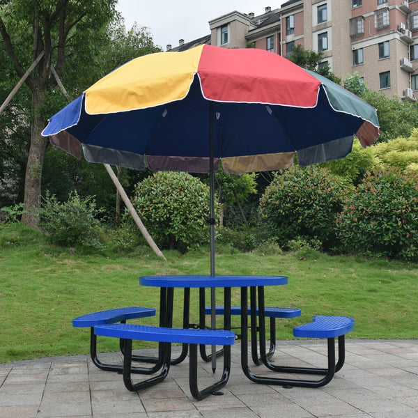 English Elm Round Outdoor Steel Picnic Table Set with Four Integrated Stools and Umbrella Port Blue W465S00015