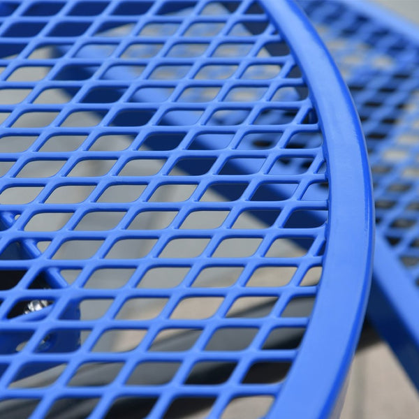English Elm Round Outdoor Steel Picnic Table Set with Four Integrated Stools and Umbrella Port Blue W465S00015