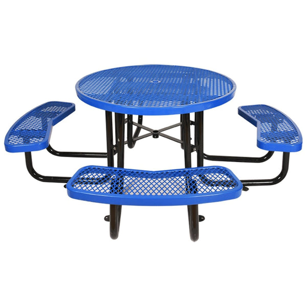 English Elm Round Outdoor Steel Picnic Table Set with Four Integrated Stools and Umbrella Port Blue W465S00015