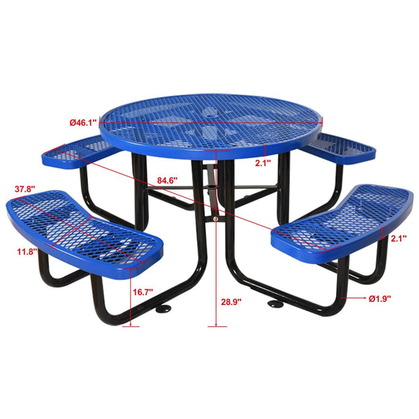 English Elm Round Outdoor Steel Picnic Table Set with Four Integrated Stools and Umbrella Port Blue W465S00015