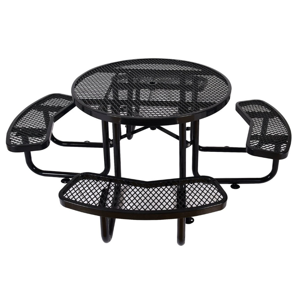 English Elm Round Outdoor Steel Picnic Table Set with Four Integrated Stools and Umbrella Port Black W465S00016