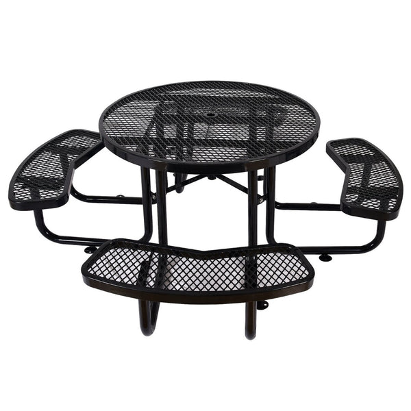 English Elm Round Outdoor Steel Picnic Table Set with Four Integrated Stools and Umbrella Port Black W465S00016
