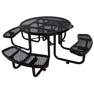 English Elm Round Outdoor Steel Picnic Table Set with Four Integrated Stools and Umbrella Port Black W465S00016