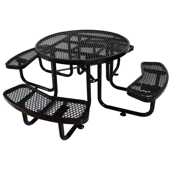English Elm Round Outdoor Steel Picnic Table Set with Four Integrated Stools and Umbrella Port Black W465S00016
