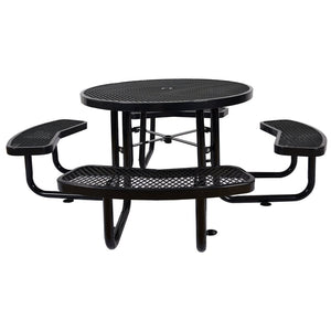 English Elm Round Outdoor Steel Picnic Table Set with Four Integrated Stools and Umbrella Port Black W465S00016