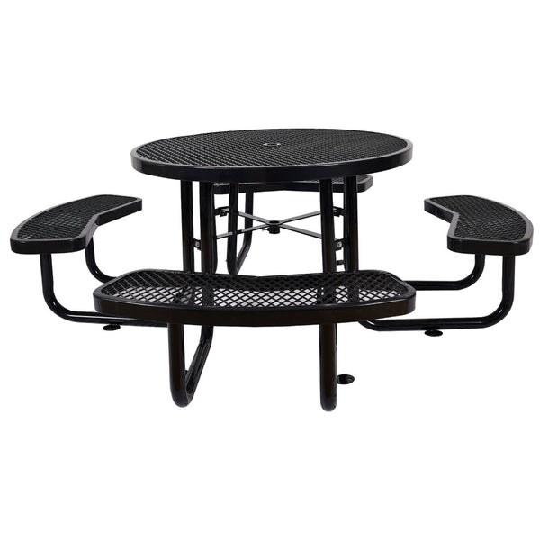 English Elm Round Outdoor Steel Picnic Table Set with Four Integrated Stools and Umbrella Port Black W465S00016