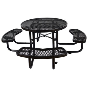 English Elm Round Outdoor Steel Picnic Table Set with Four Integrated Stools and Umbrella Port Black W465S00016