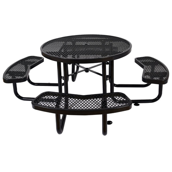 English Elm Round Outdoor Steel Picnic Table Set with Four Integrated Stools and Umbrella Port Black W465S00016