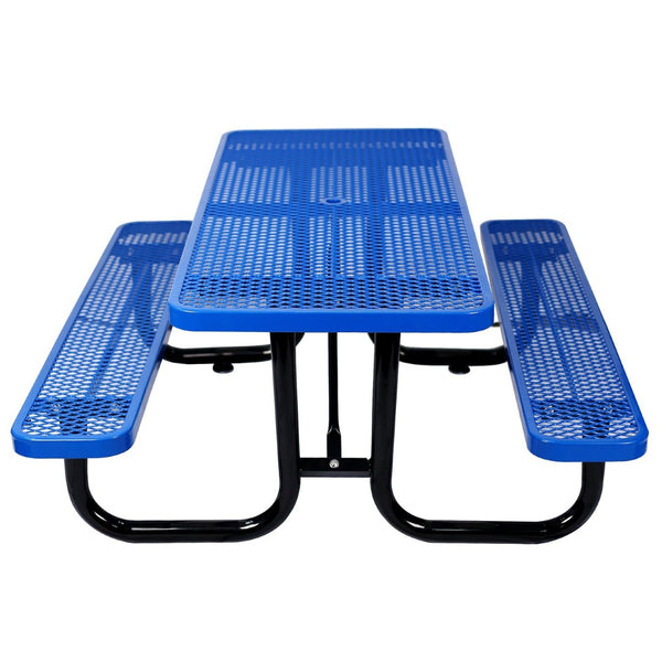 English Elm 6 Ft Outdoor Steel Picnic Table with Umbrella Pole Perforated Metal Patio Bench Set Blue W465S00017