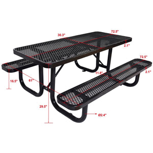 English Elm 6 Ft Outdoor Steel Picnic Table with Umbrella Pole Perforated Metal Patio Bench Set Black W465S00018