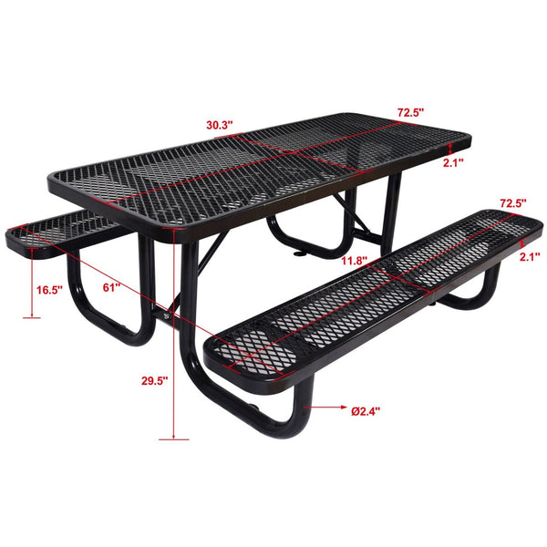 English Elm 6 Ft Outdoor Steel Picnic Table with Umbrella Pole Perforated Metal Patio Bench Set Black W465S00018