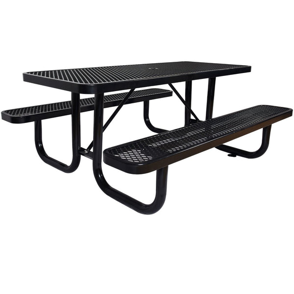 English Elm 6 Ft Outdoor Steel Picnic Table with Umbrella Pole Perforated Metal Patio Bench Set Black W465S00018