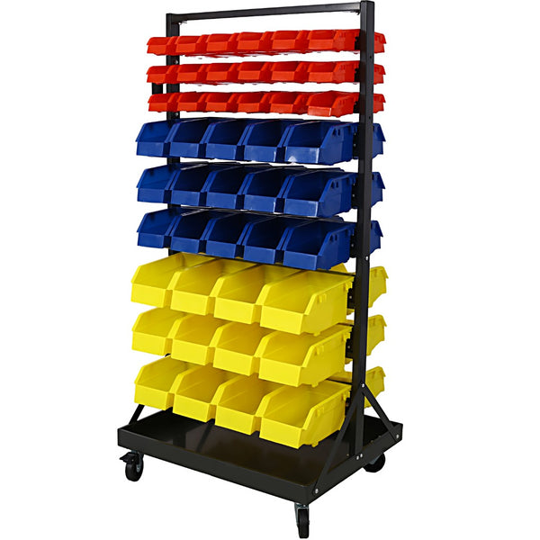 English Elm 90 Bin Double Sided Rolling Steel Parts Rack with Locking Casters for Garage Workshops W465S00026