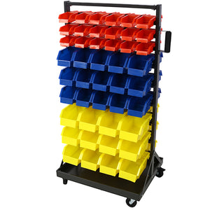 English Elm 90 Bin Double Sided Rolling Steel Parts Rack with Locking Casters for Garage Workshops W465S00026