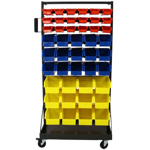 English Elm 90 Bin Double Sided Rolling Steel Parts Rack with Locking Casters for Garage Workshops W465S00026