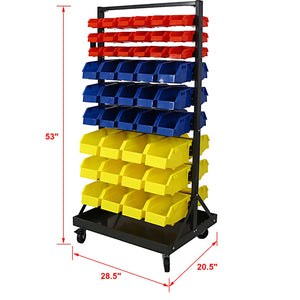 English Elm 90 Bin Double Sided Rolling Steel Parts Rack with Locking Casters for Garage Workshops W465S00026