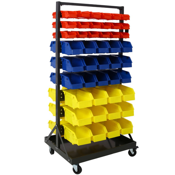 English Elm 90 Bin Double Sided Rolling Steel Parts Rack with Locking Casters for Garage Workshops W465S00026