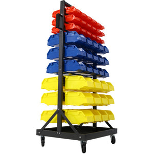 English Elm 90 Bin Double Sided Rolling Steel Parts Rack with Locking Casters for Garage Workshops W465S00026