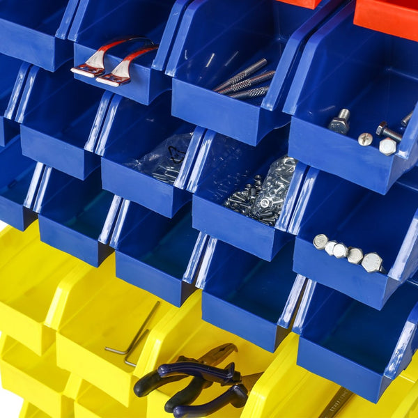 English Elm 90 Bin Double Sided Rolling Steel Parts Rack with Locking Casters for Garage Workshops W465S00026