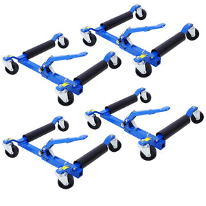 English Elm Set of 4 Hydraulic Wheel Dollies with Foot Pedal Lift for Shop Vehicle Positioning W465S00034