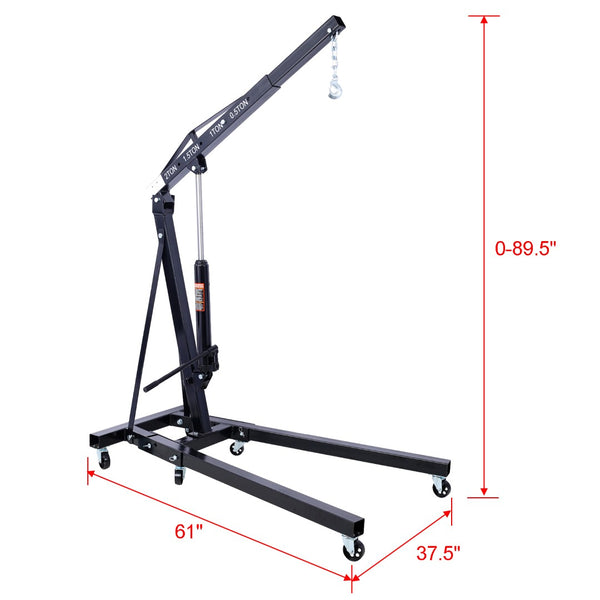 English Elm 2 Ton Heavy Duty Steel Folding Engine Hoist with Hydraulic Ram and Six Swivel Casters Black W465S00038