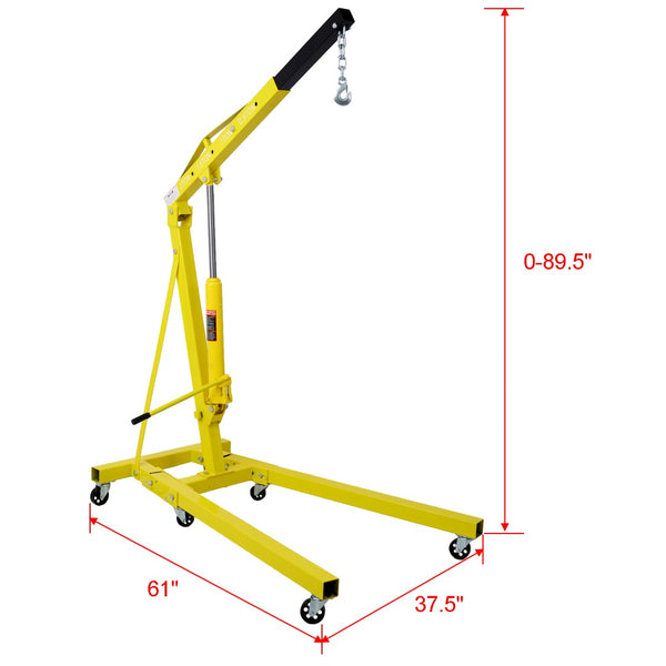 English Elm 2 Ton Heavy Duty Steel Folding Engine Hoist with Hydraulic Ram and Six Swivel Casters Yellow W465S00039