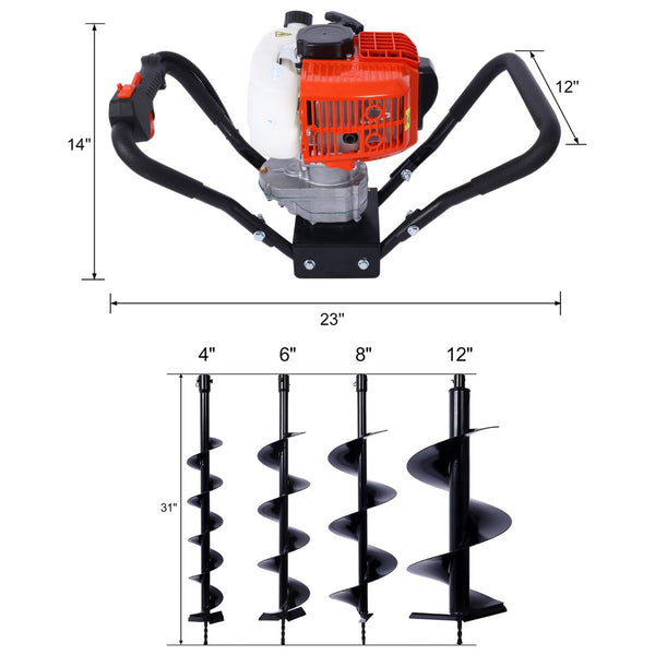 English Elm V-type 52cc Gas One Man Post Hole Digger with Four Auger Bits for Fencing W465S00045