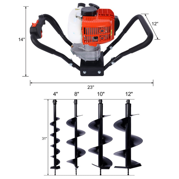 English Elm V-type 52cc Gas One Man Post Hole Digger with Four Auger Bits Epa Approved W465S00046