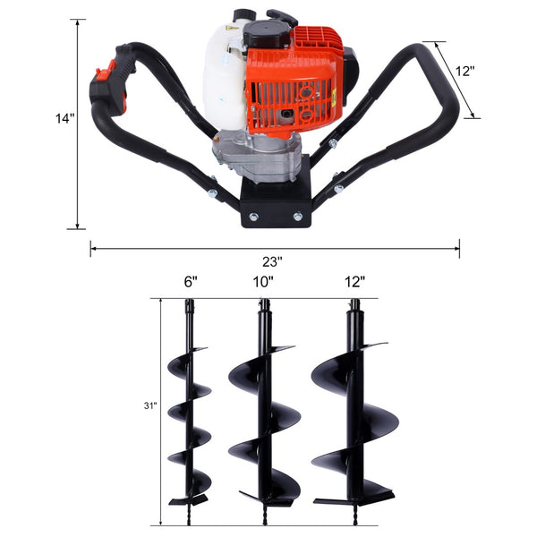 English Elm V-type 52cc Gas One Man Post Hole Digger with Three Auger Bits for Fence Planting W465S00048