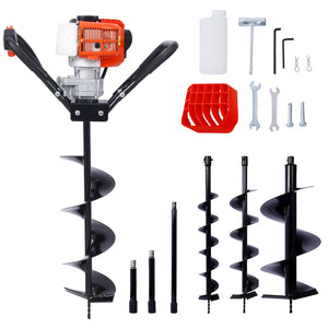 English Elm V-type 52cc Gas One Man Post Hole Digger with Four Auger Bits and Extension Rod W465S00049