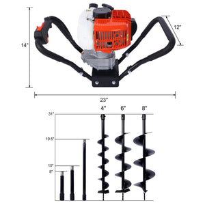 English Elm V-type 52cc Gas One Man Post Hole Digger with Three Auger Bits and Extension Rod W465S00050