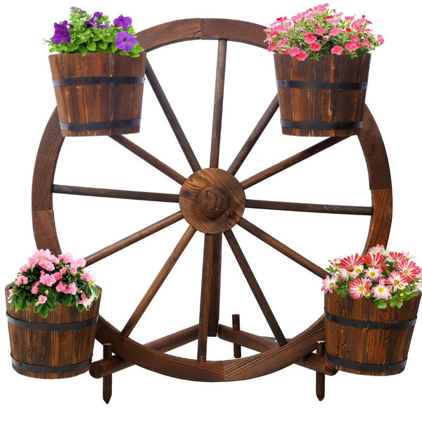 English Elm Wood Wagon Wheel Four Barrel Planter Display Rustic Fir Porch Patio Statement Piece W465S00093