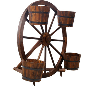 English Elm Wood Wagon Wheel Four Barrel Planter Display Rustic Fir Porch Patio Statement Piece W465S00093