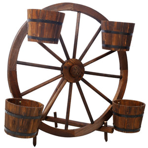 English Elm Wood Wagon Wheel Four Barrel Planter Display Rustic Fir Porch Patio Statement Piece W465S00093