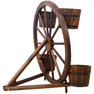 English Elm Wood Wagon Wheel Four Barrel Planter Display Rustic Fir Porch Patio Statement Piece W465S00093