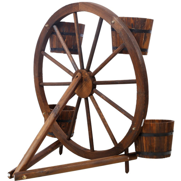 English Elm Wood Wagon Wheel Four Barrel Planter Display Rustic Fir Porch Patio Statement Piece W465S00093