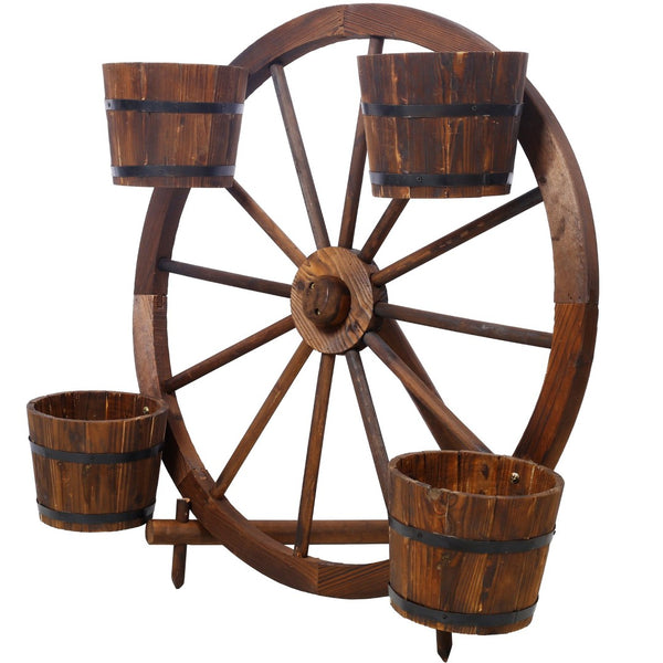 English Elm Wood Wagon Wheel Four Barrel Planter Display Rustic Fir Porch Patio Statement Piece W465S00093