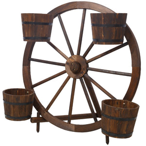English Elm Wood Wagon Wheel Four Barrel Planter Display Rustic Fir Porch Patio Statement Piece W465S00093