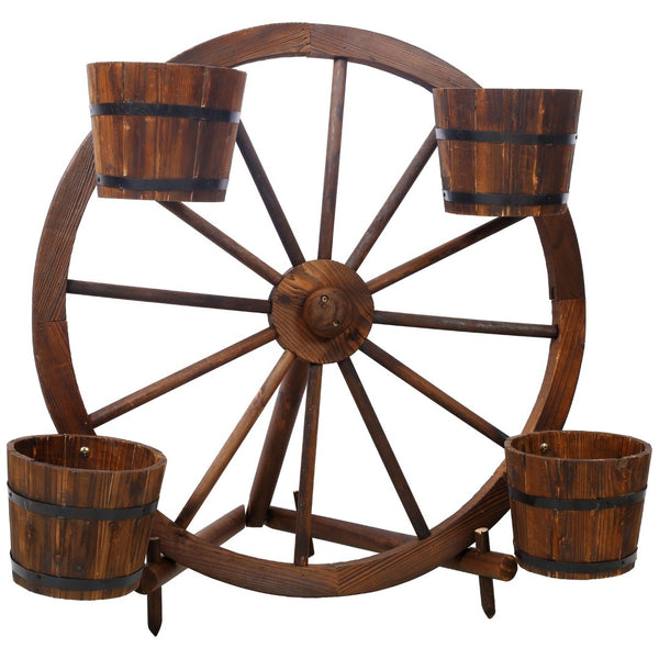 English Elm Wood Wagon Wheel Four Barrel Planter Display Rustic Fir Porch Patio Statement Piece W465S00093