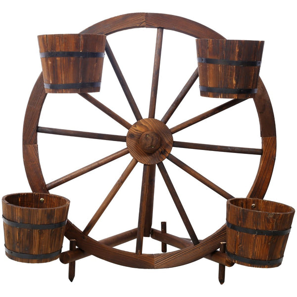 English Elm Wood Wagon Wheel Four Barrel Planter Display Rustic Fir Porch Patio Statement Piece W465S00093