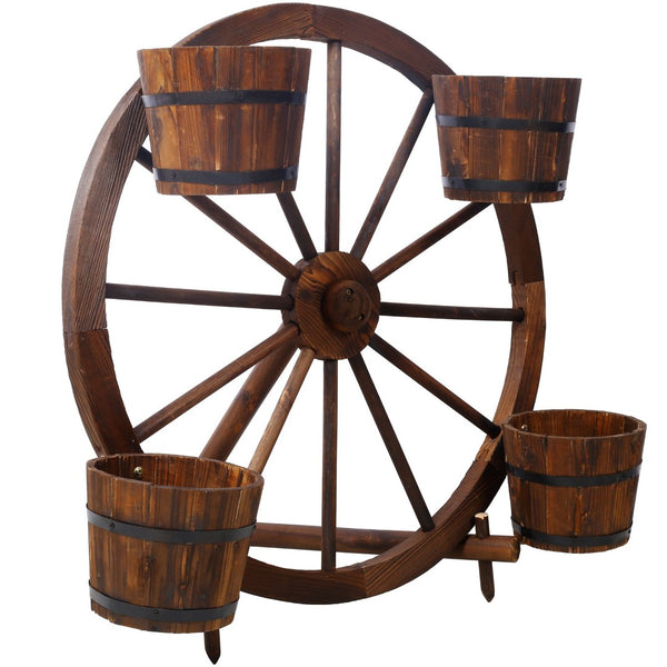 English Elm Wood Wagon Wheel Four Barrel Planter Display Rustic Fir Porch Patio Statement Piece W465S00093