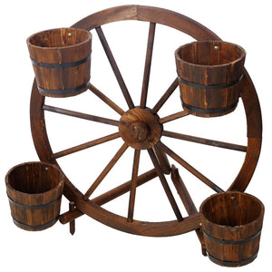 English Elm Wood Wagon Wheel Four Barrel Planter Display Rustic Fir Porch Patio Statement Piece W465S00093