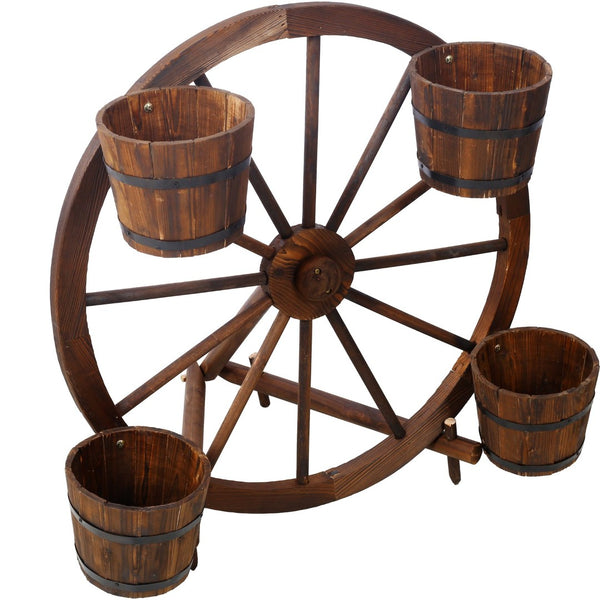 English Elm Wood Wagon Wheel Four Barrel Planter Display Rustic Fir Porch Patio Statement Piece W465S00093