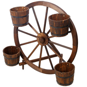 English Elm Wood Wagon Wheel Four Barrel Planter Display Rustic Fir Porch Patio Statement Piece W465S00093