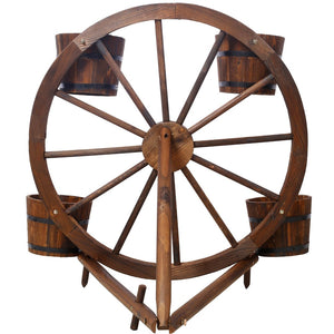 English Elm Wood Wagon Wheel Four Barrel Planter Display Rustic Fir Porch Patio Statement Piece W465S00093