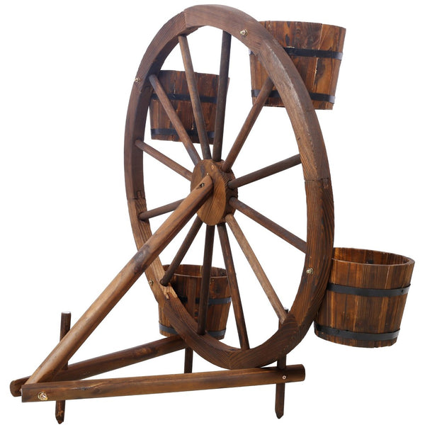 English Elm Wood Wagon Wheel Four Barrel Planter Display Rustic Fir Porch Patio Statement Piece W465S00093
