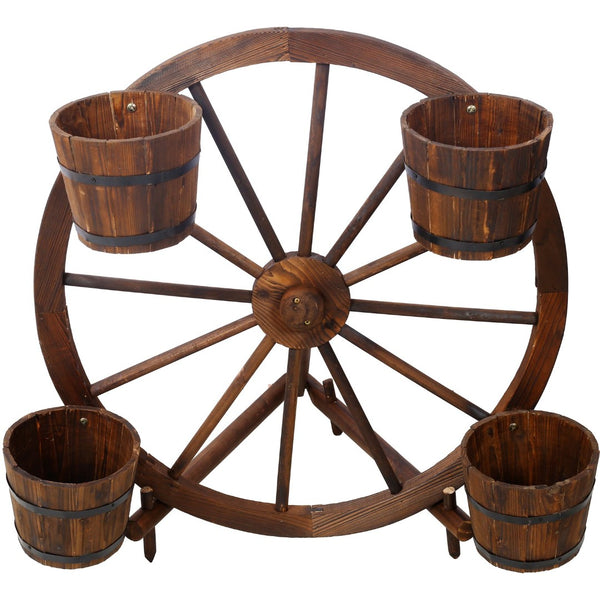 English Elm Wood Wagon Wheel Four Barrel Planter Display Rustic Fir Porch Patio Statement Piece W465S00093