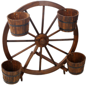 English Elm Wood Wagon Wheel Four Barrel Planter Display Rustic Fir Porch Patio Statement Piece W465S00093