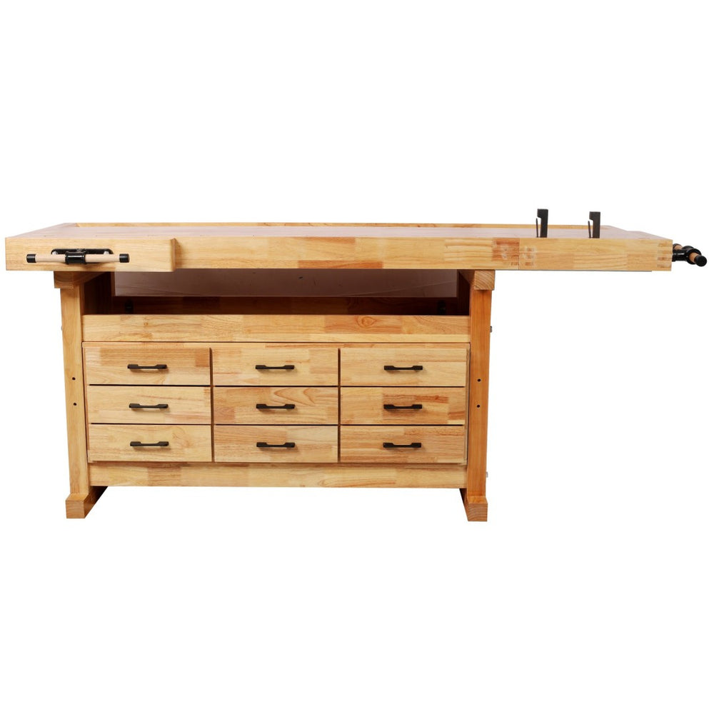 English Elm 9 Drawer Solid Hevea Butcher Block Workbench with Dual Vises and Bench Dog Holes W465S00140
